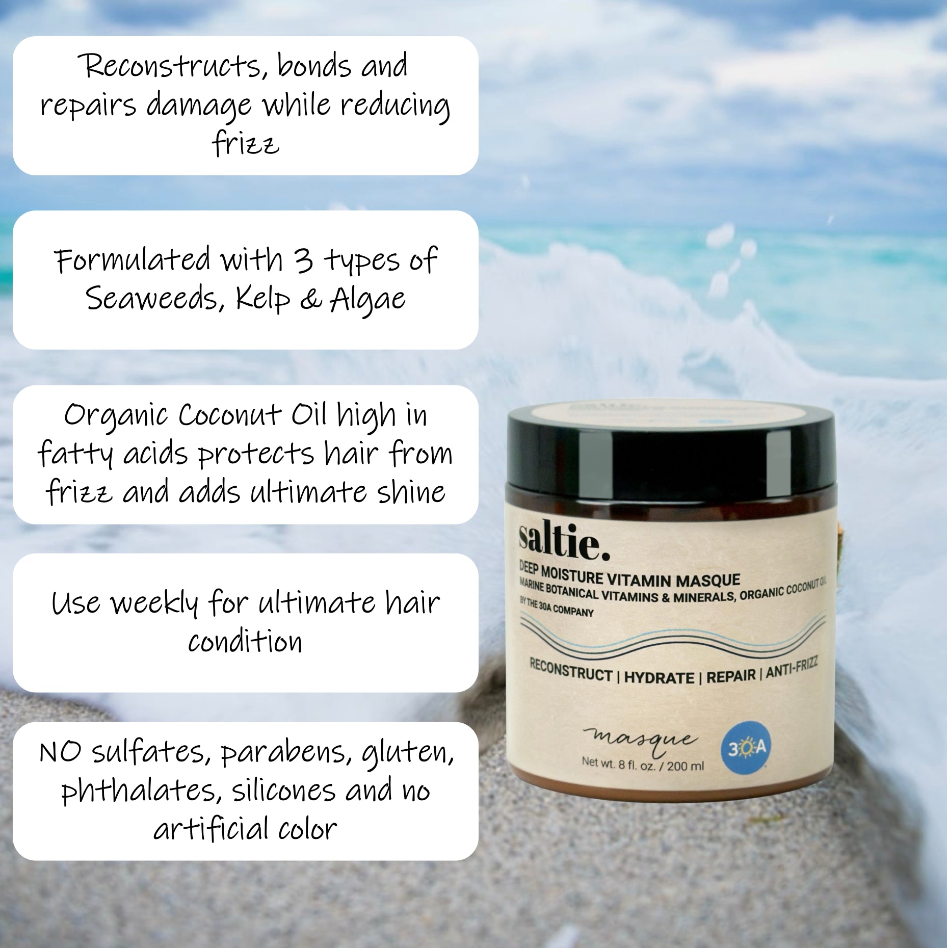 DEEP MOISTURE VITAMIN MASQUE Enriched with Marine Botanical Vitamins and Minerals & Organic Coconut Oil  8 fl. oz / 250 ml - saltiebeauty.com